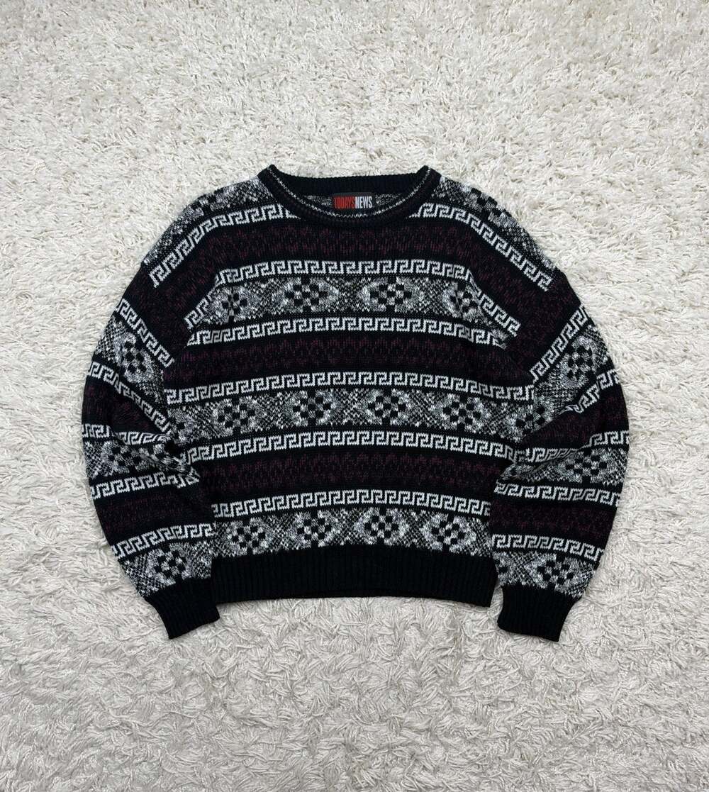 Vintage 90s Todays News Sweater Mens Large Black Greek Key Geometric Crewneck